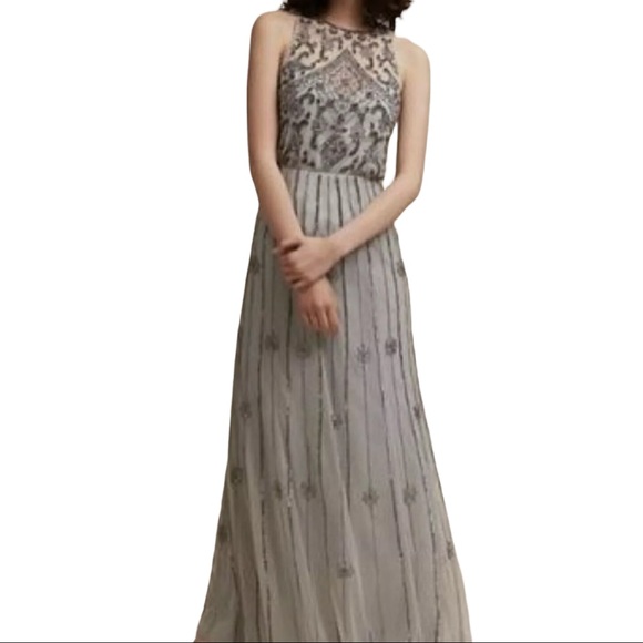 🥳HP BHLDN x Anthropologie Amada 0 /XS Blue Gray Beaded Embellished Blouson Maxi - Picture 9 of 10